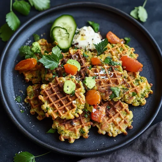A plate of food with waffles and vegetables.
