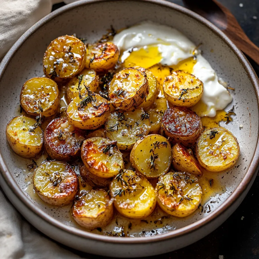 A bowl of potatoes with a dollop of sour cream on top.