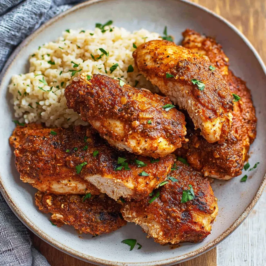 A plate of chicken with rice and herbs.