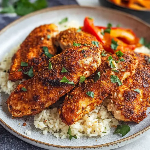 A plate of chicken with rice and tomatoes.