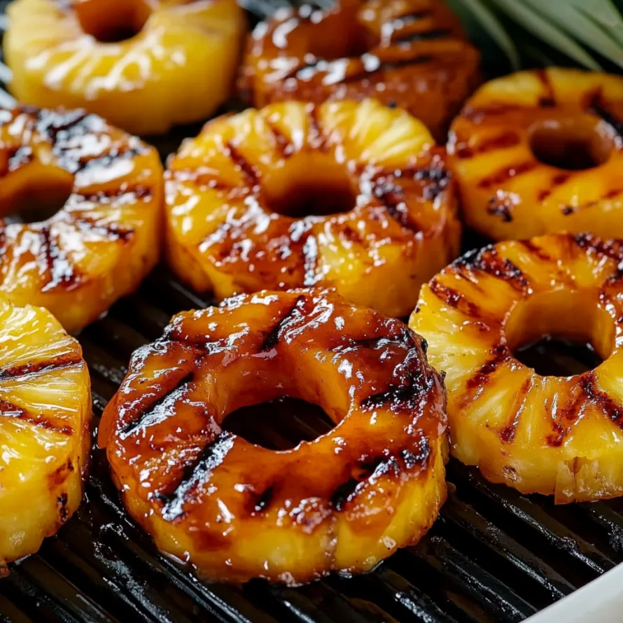 Grilled pineapple slices on a grill.