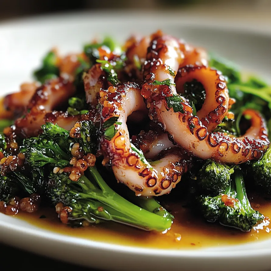 A plate of food with broccoli and squid.