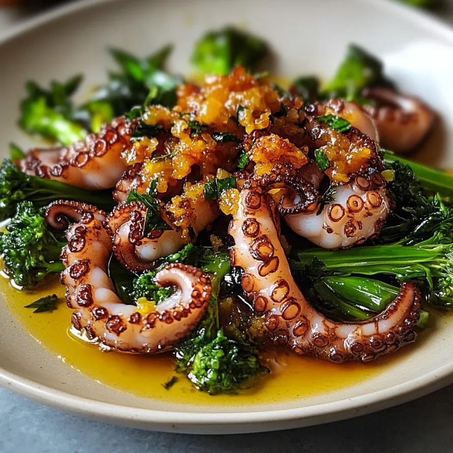 A plate of food with broccoli and squid.