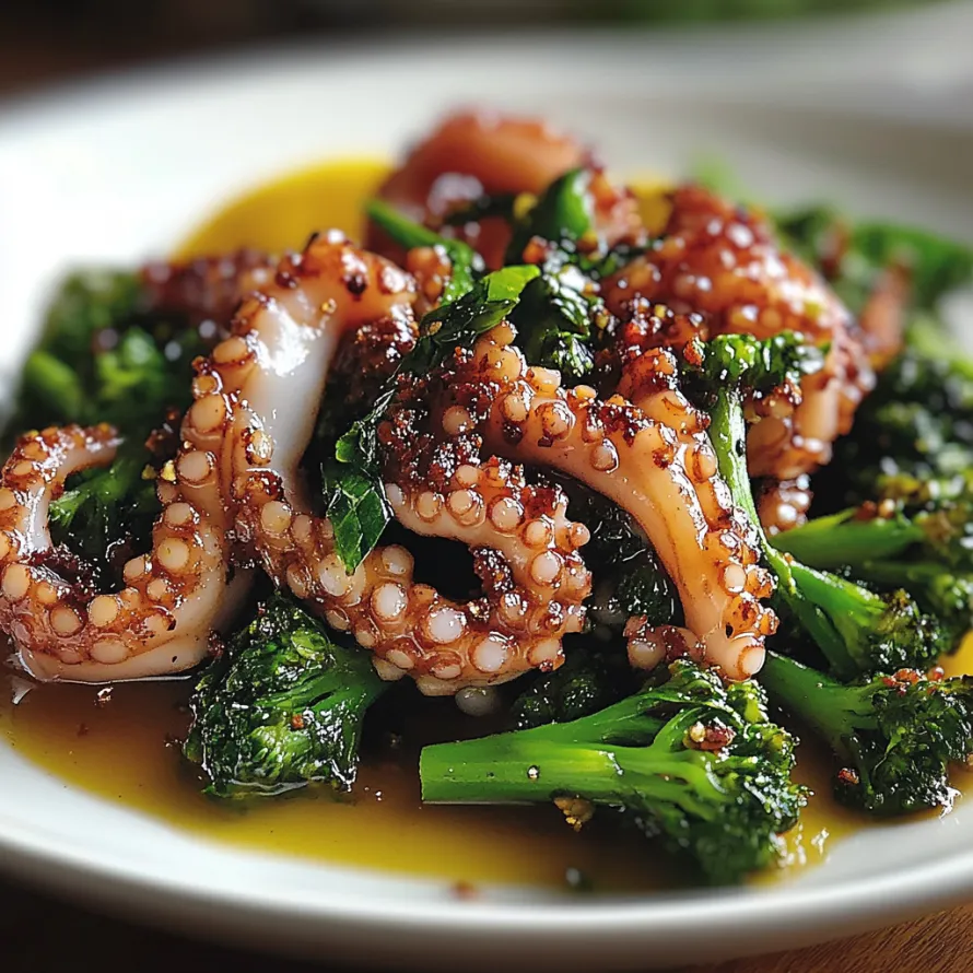 A plate of food with broccoli and squid.