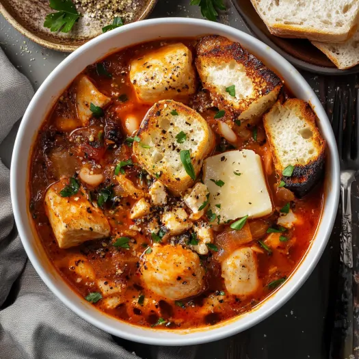 A bowl of soup with bread and cheese.