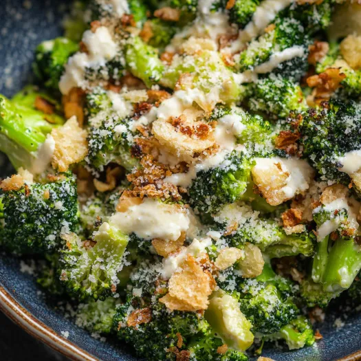 A bowl of broccoli with cheese and croutons.