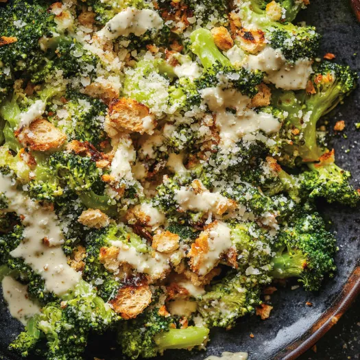 A bowl of broccoli with cheese and breadcrumbs.