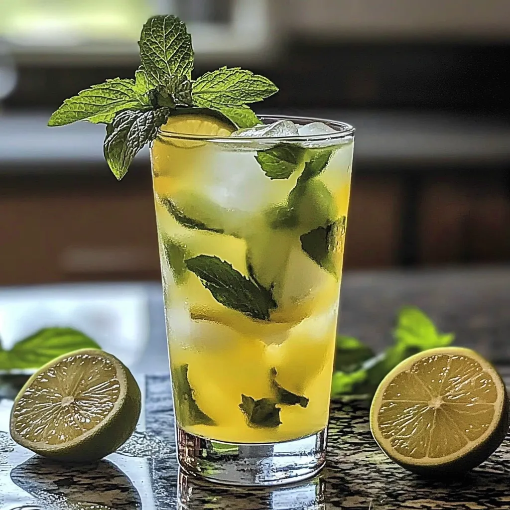 A glass of lemonade with mint leaves.