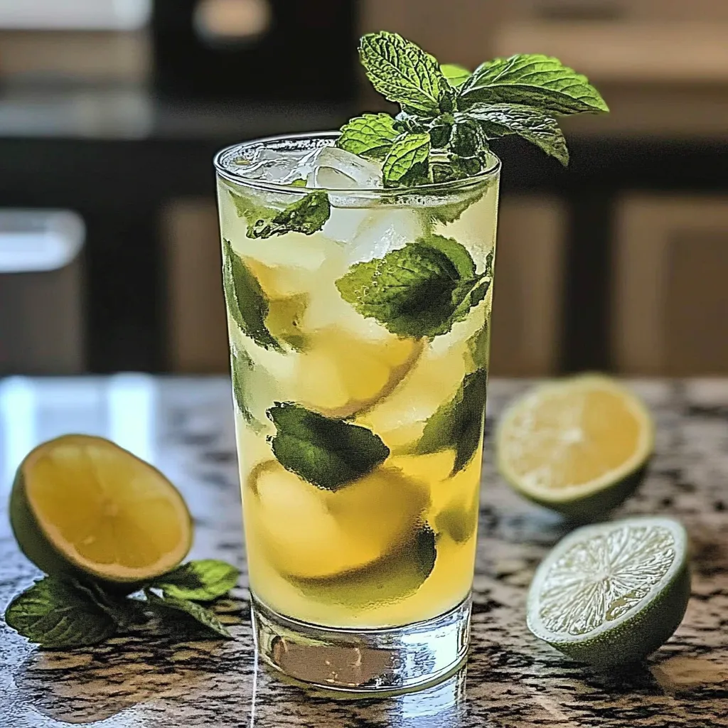 A glass of lemonade with mint leaves.