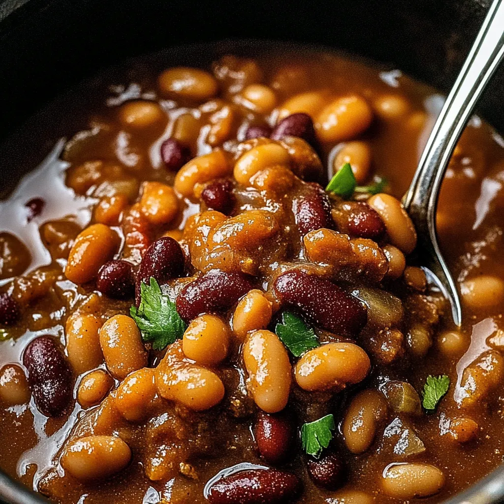 A bowl of beans with a spoon in it.