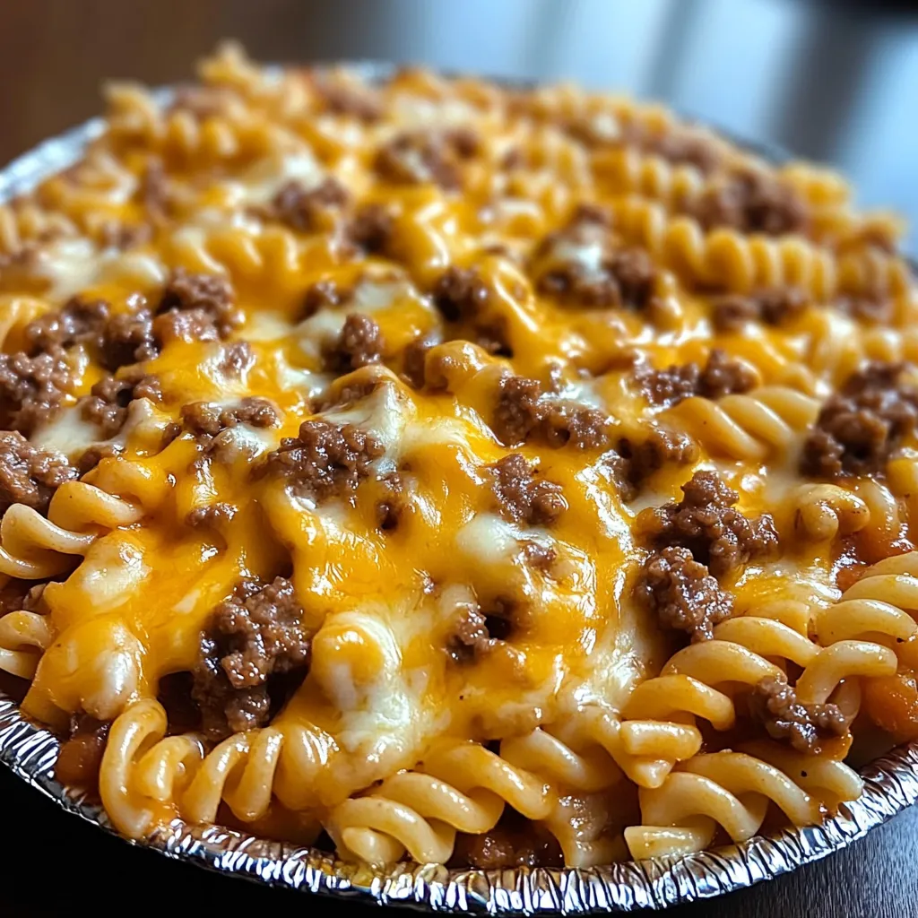 A plate of pasta with meat and cheese.