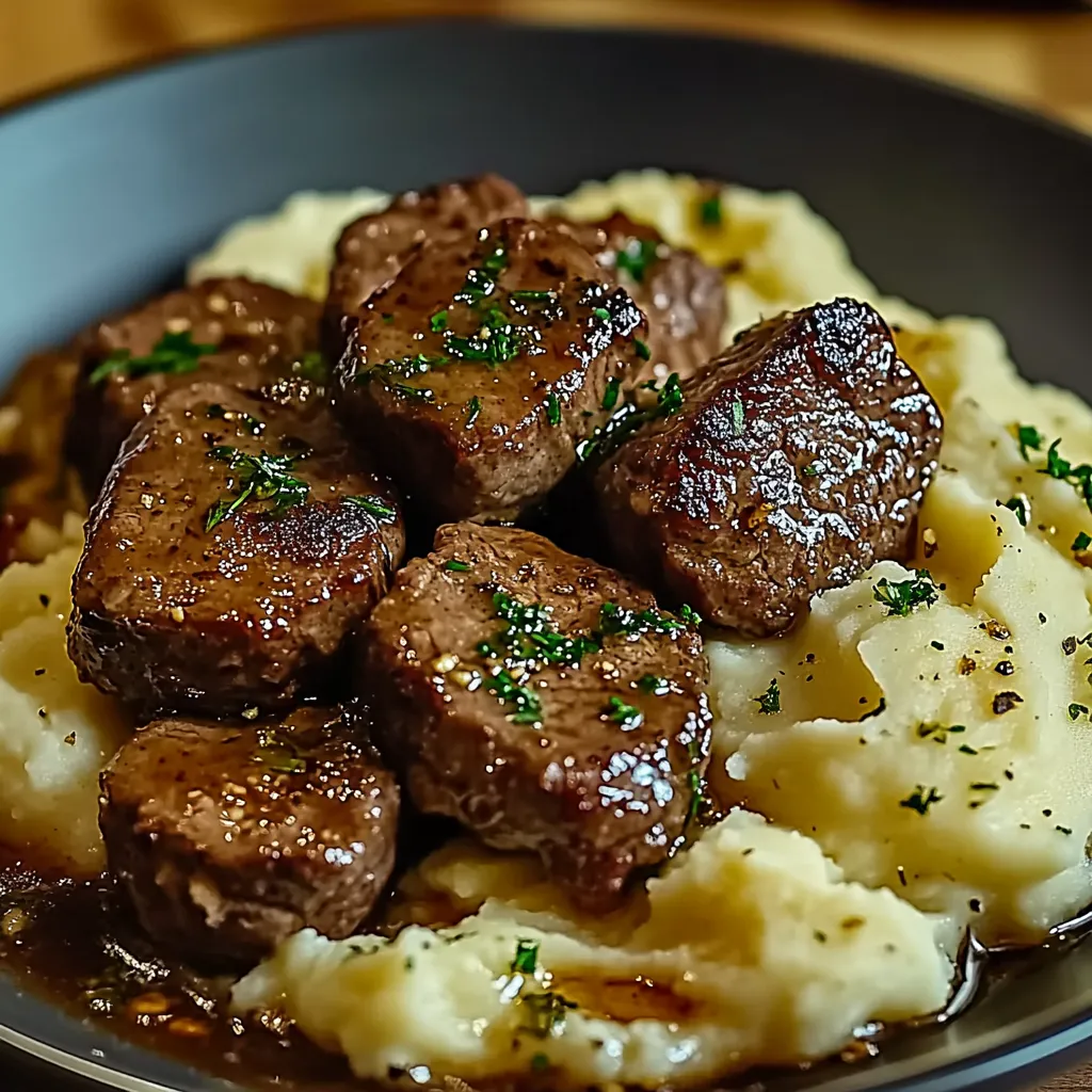 Garlic Butter Beef Bites with Creamy Mashed Potatoes