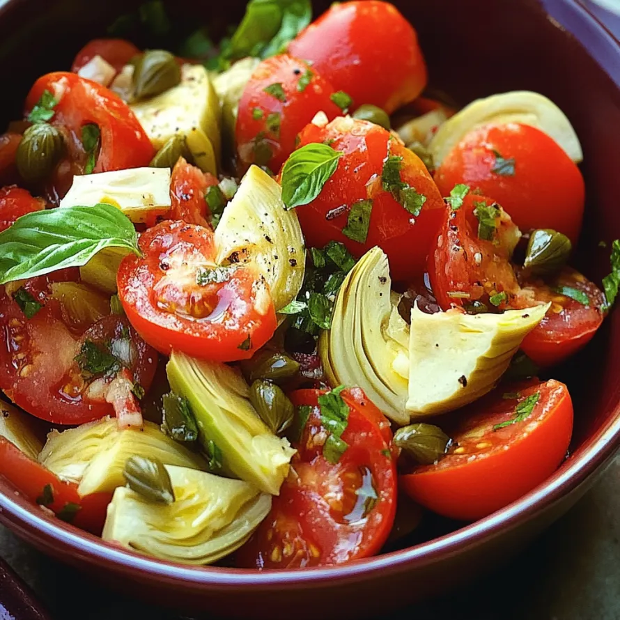 A bowl of food with tomatoes, onions, and herbs.