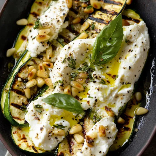 A dish of zucchini with white sauce and nuts.