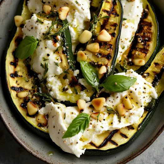 A plate of food with a zucchini, cheese, and herbs.