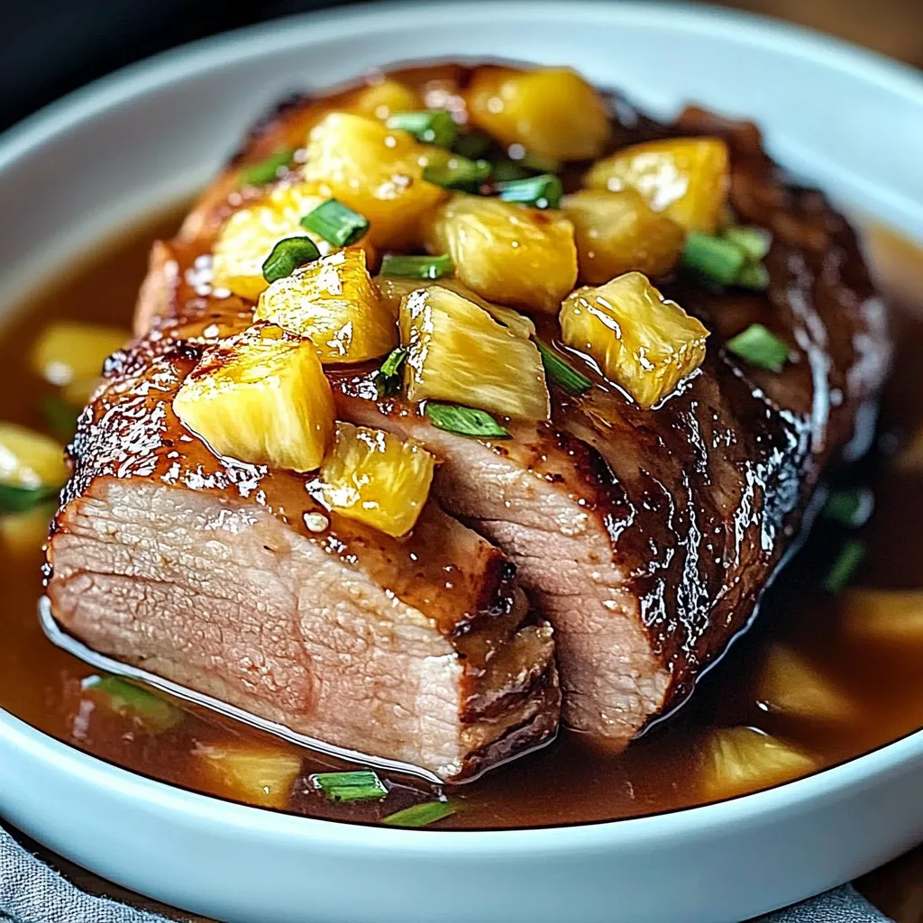 A plate of meat with pineapple on top.