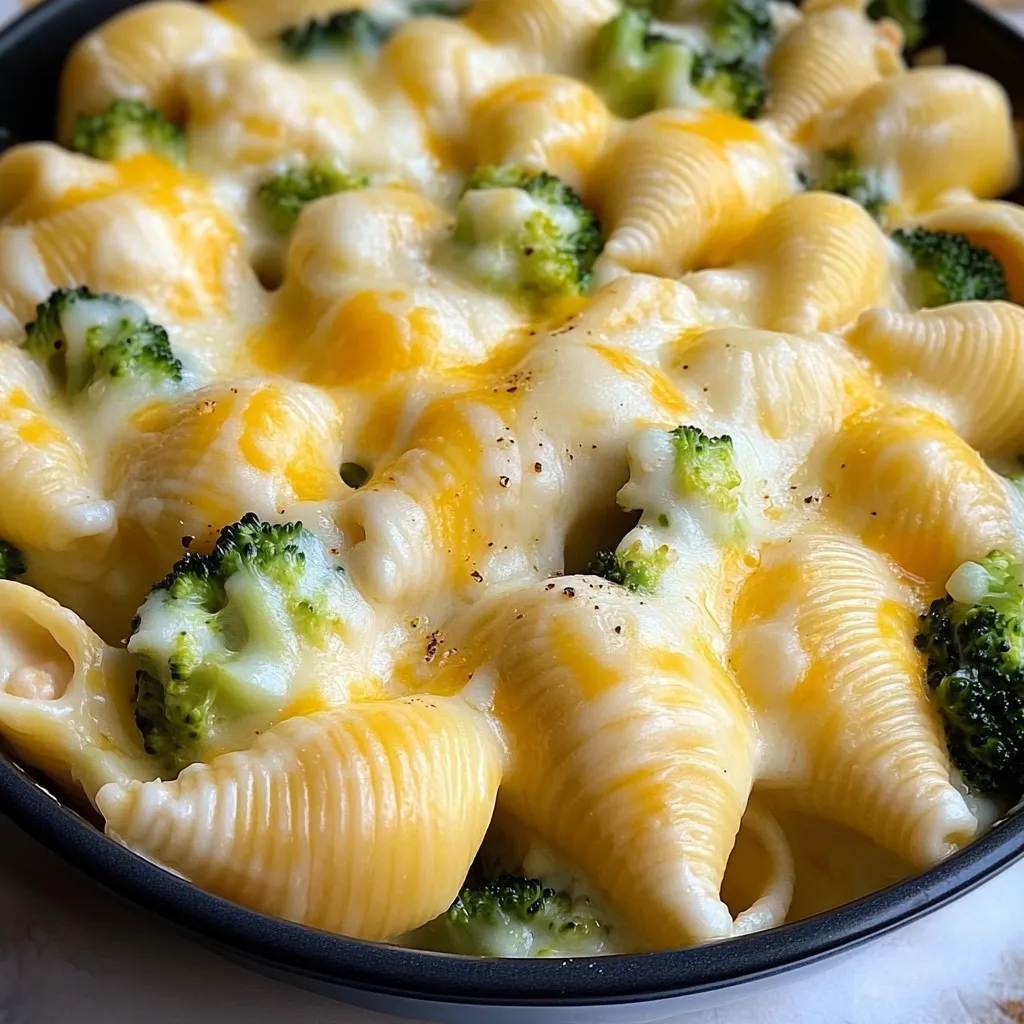 A bowl of pasta with broccoli and cheese.