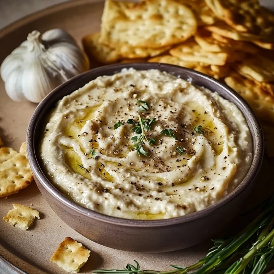 A bowl of hummus with crackers and garlic.