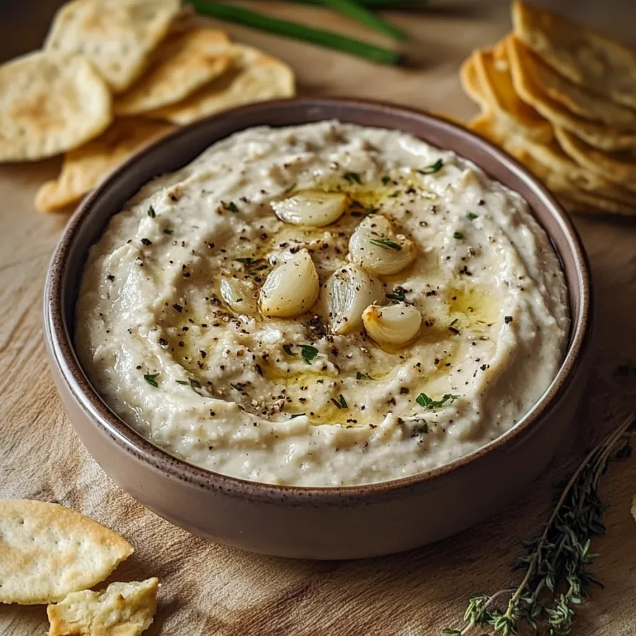 A bowl of hummus with onions and garlic.