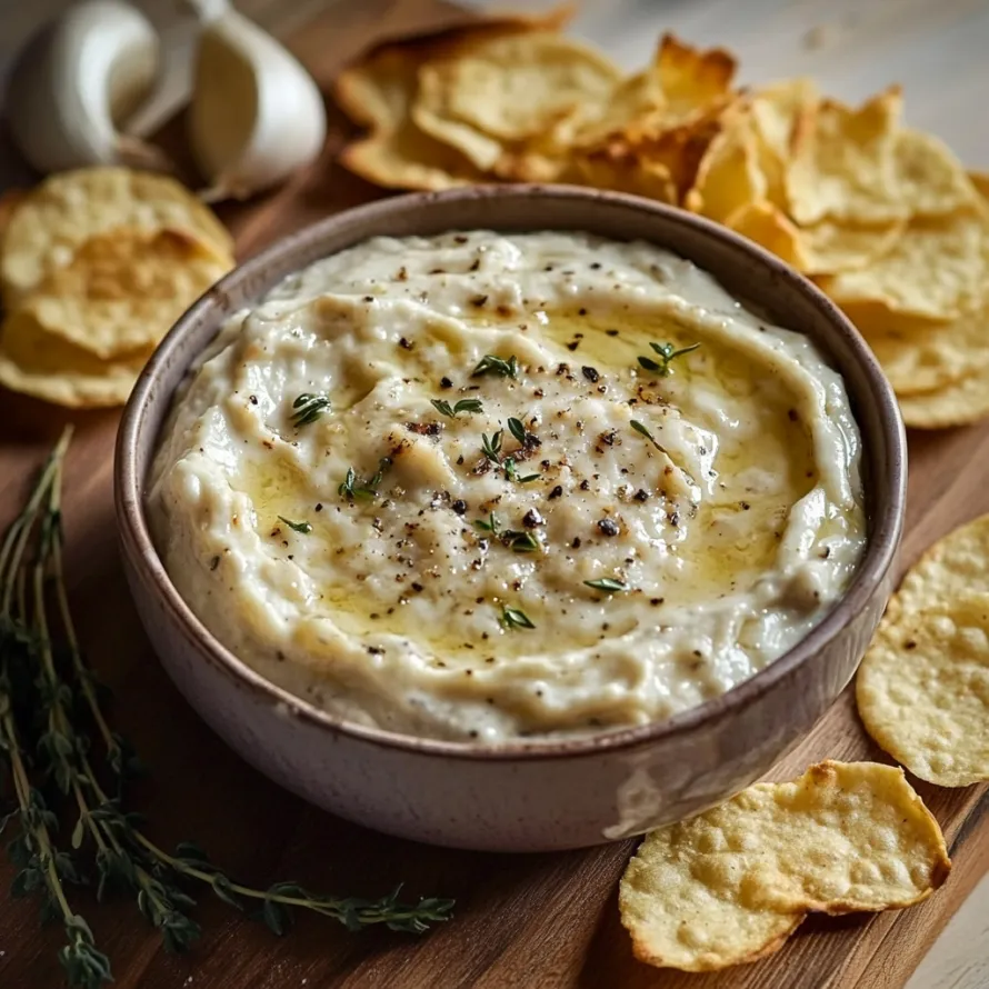 A bowl of dip with chips and garlic.