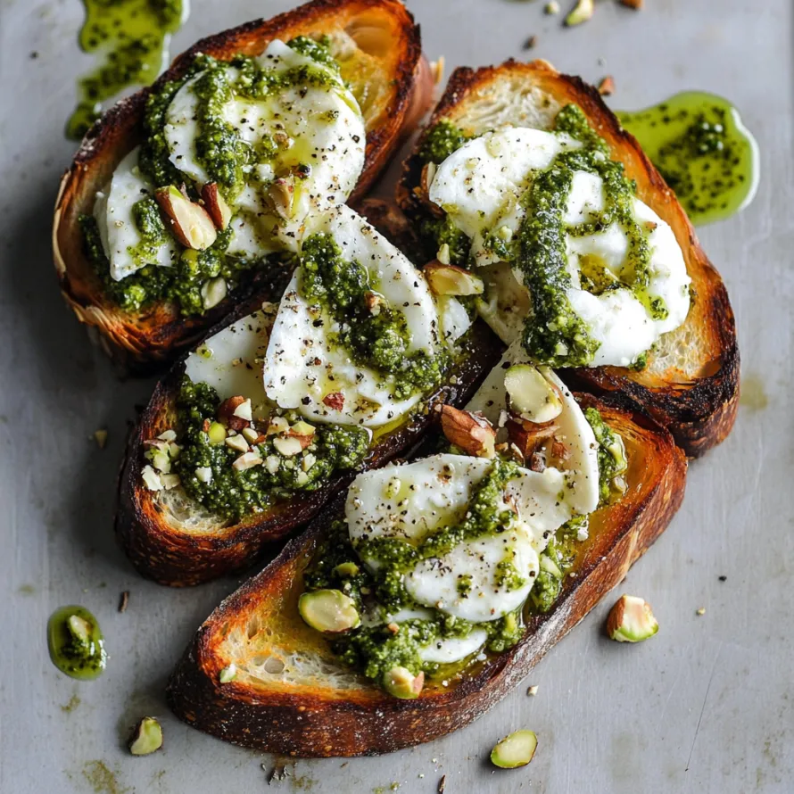 A slice of bread with white cheese and green sauce.