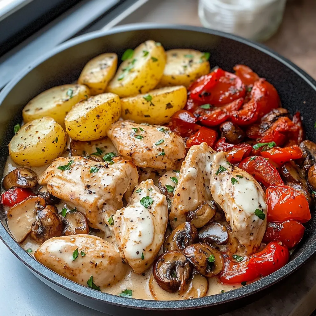 A plate of food with chicken, potatoes, and mushrooms.