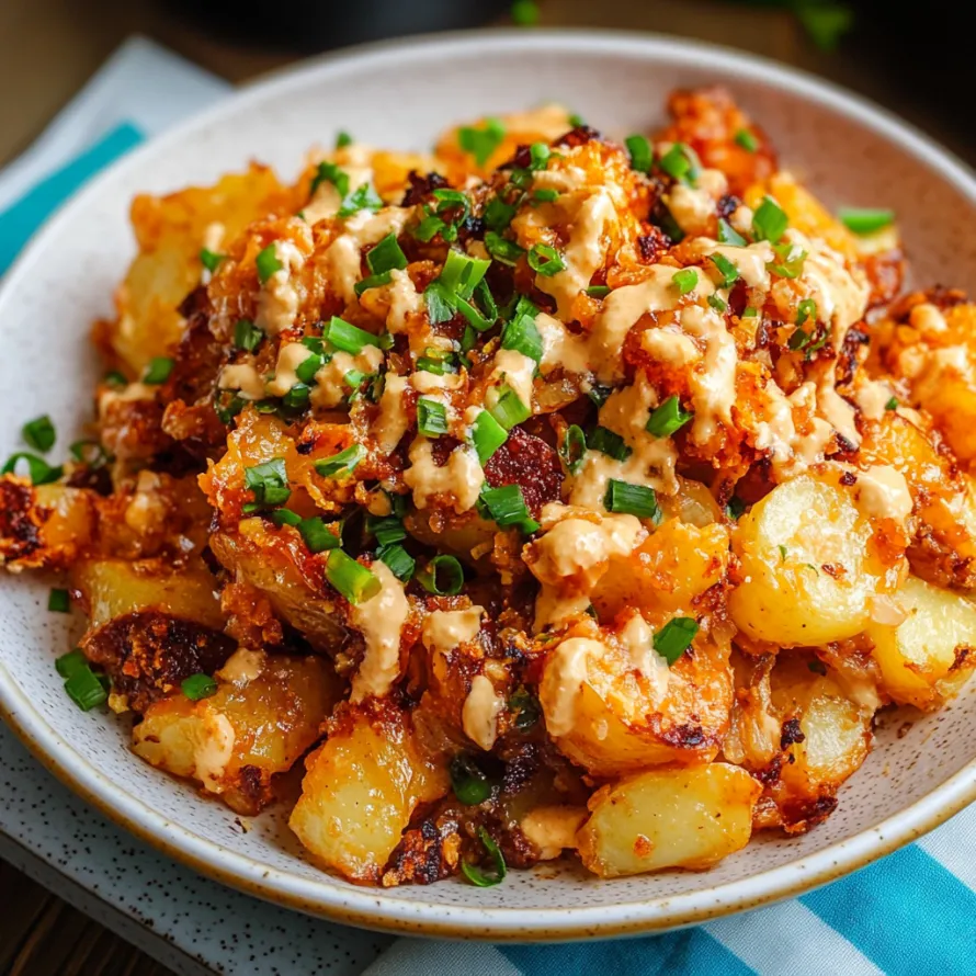 A bowl of food with a sauce on top.