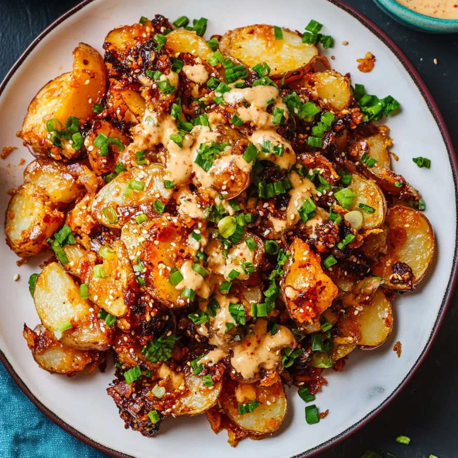 A plate of food with potatoes and sauce.