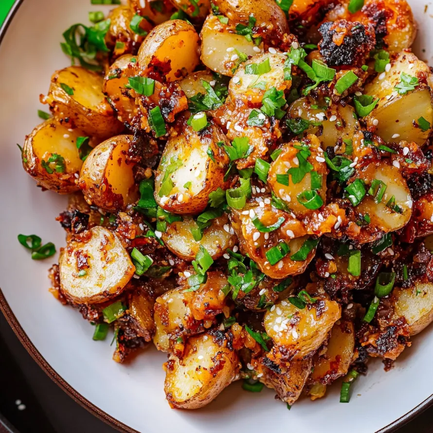 A bowl of food with potatoes and greens.
