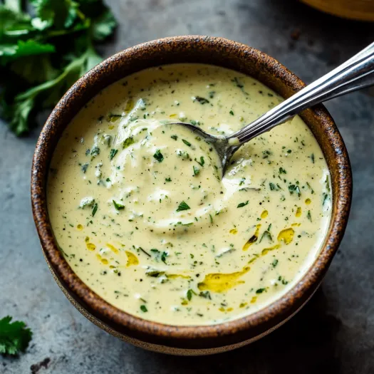 A bowl of soup with a spoon in it.