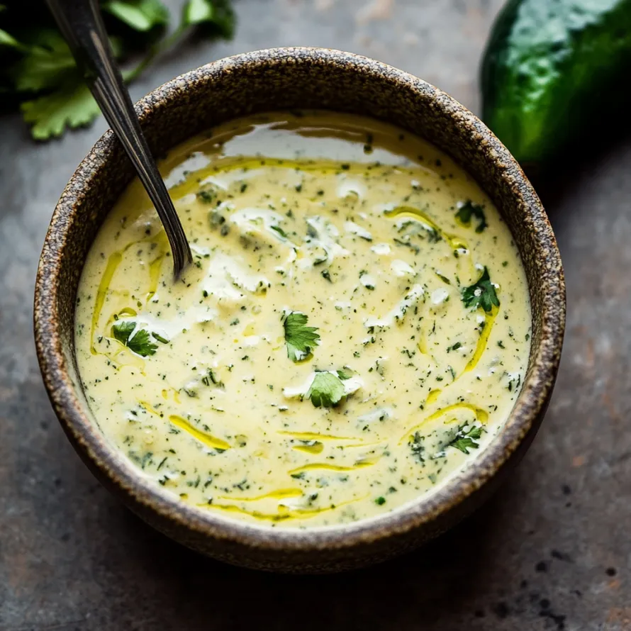 A bowl of soup with a spoon in it.