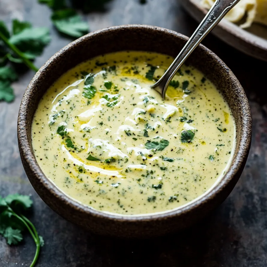 A bowl of soup with a spoon in it.