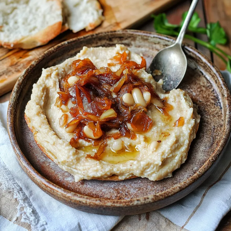 A bowl of hummus with a spoon in it.