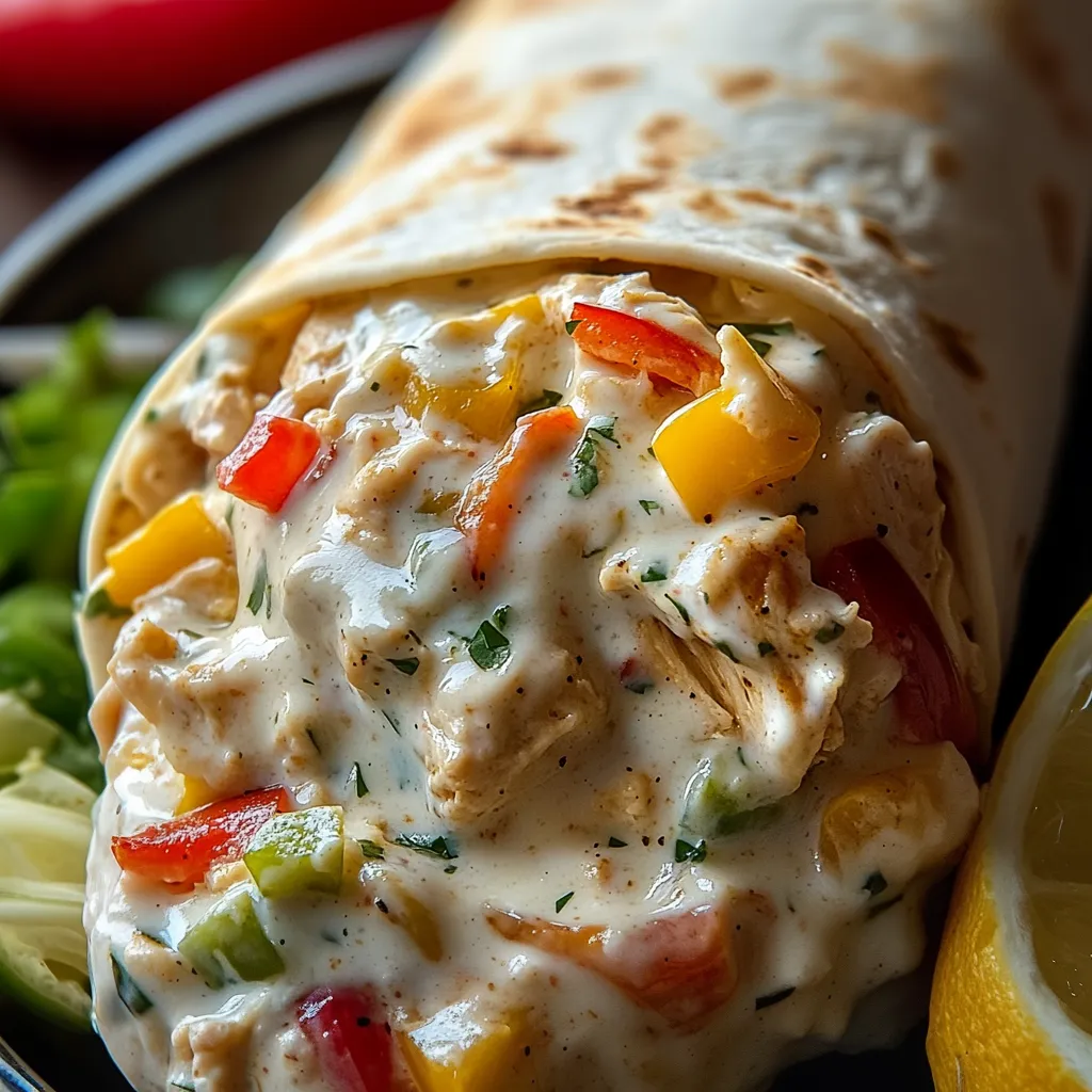 A wrap with chicken, vegetables and sauce.