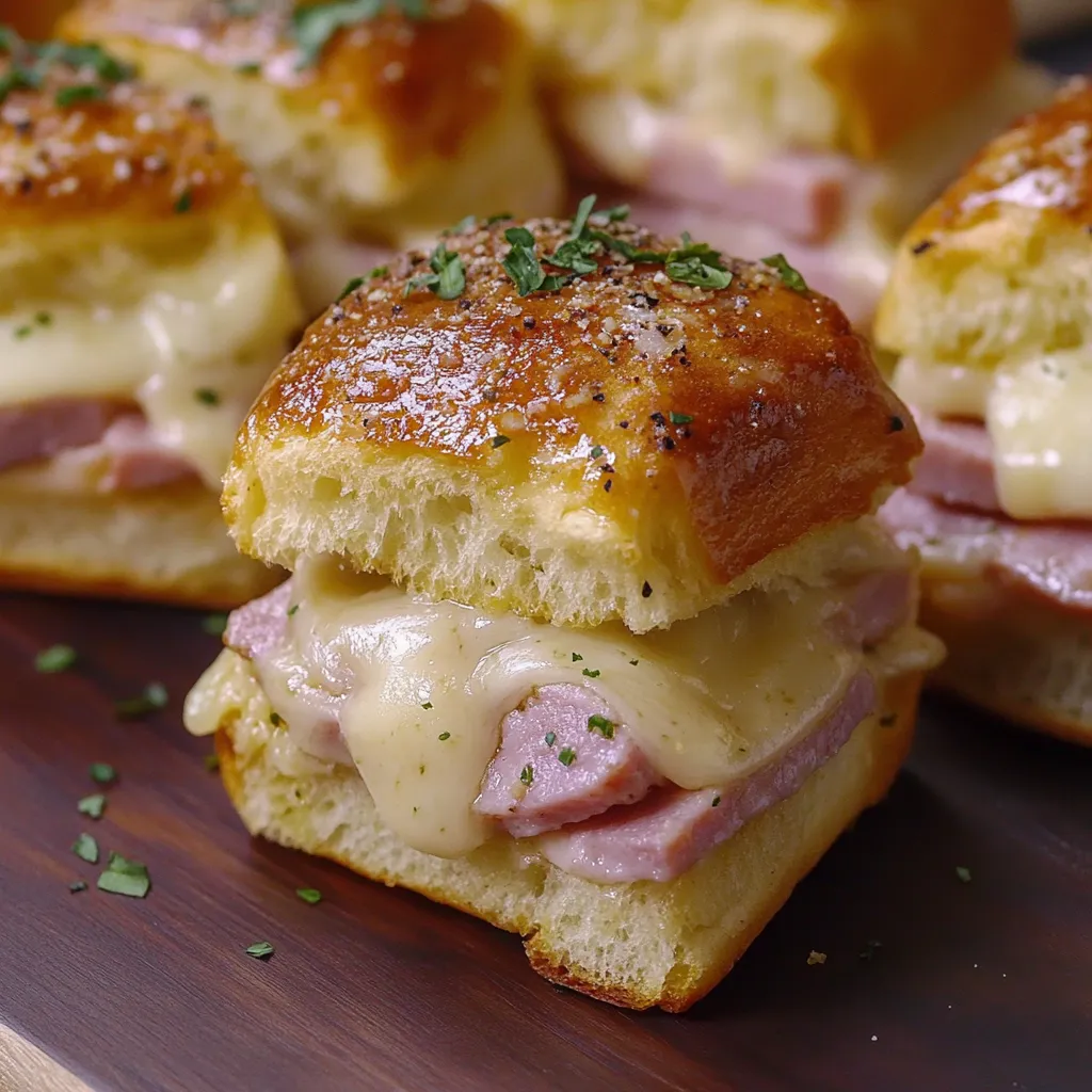 Two ham sandwiches on a wooden table.