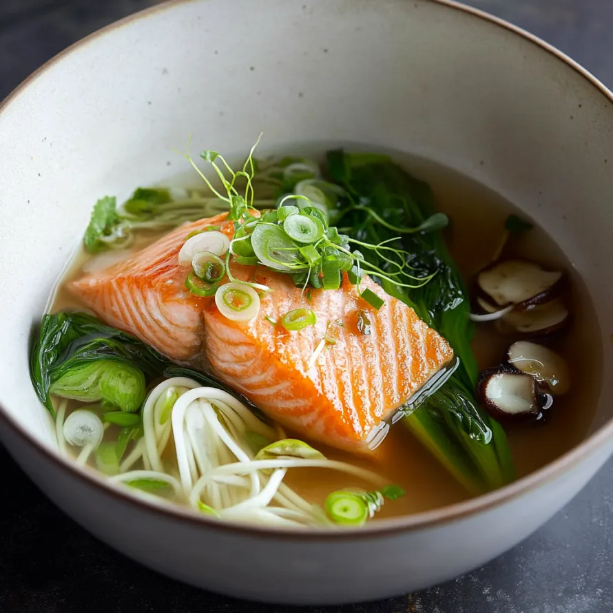 A bowl of soup with fish and vegetables.
