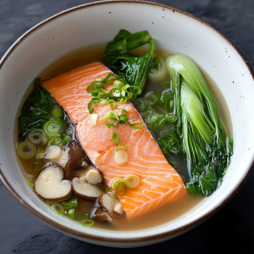 A bowl of soup with fish and vegetables.