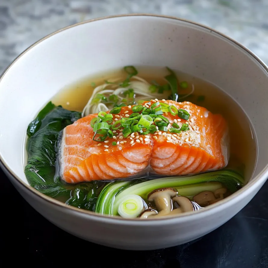 A bowl of soup with fish and vegetables.