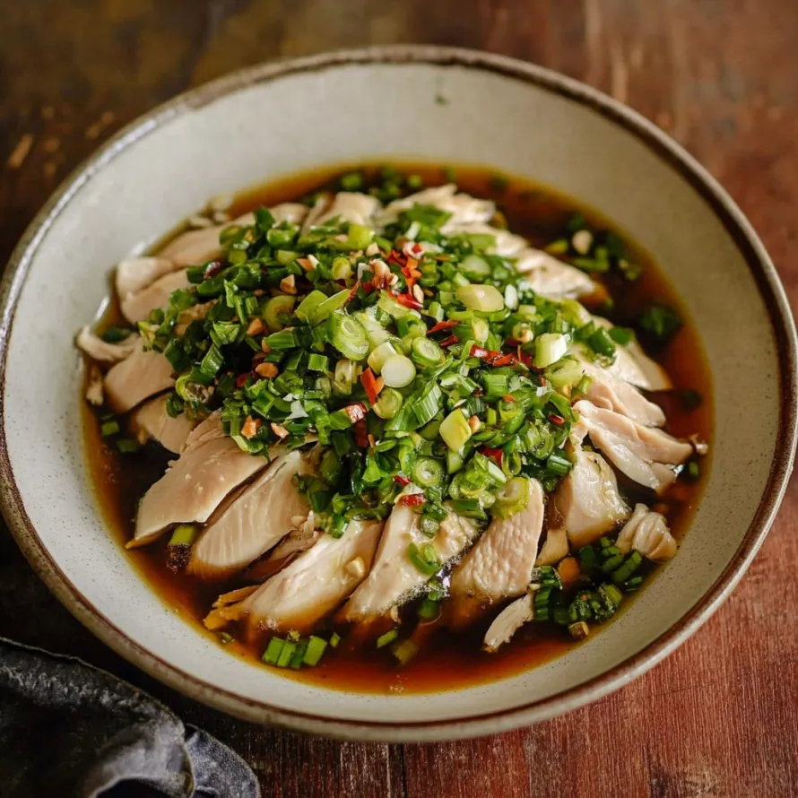 A bowl of soup with chicken and vegetables.