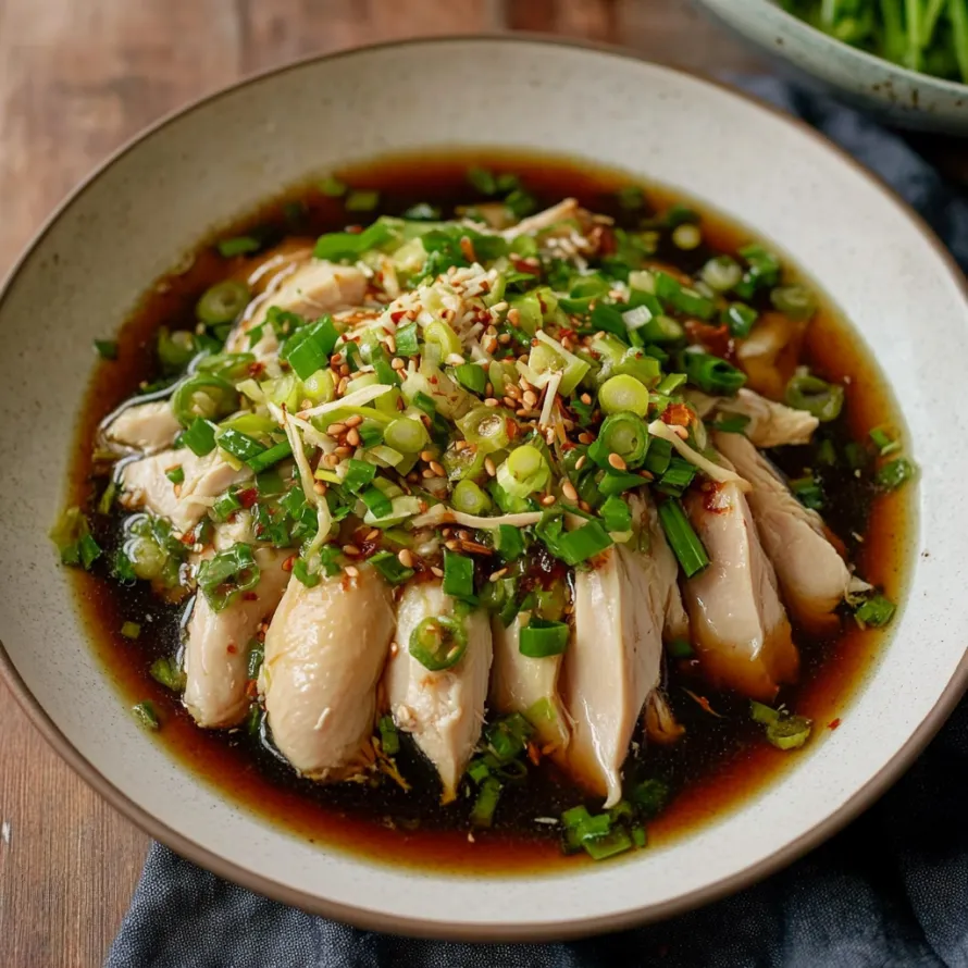 A bowl of soup with chicken and green onions.