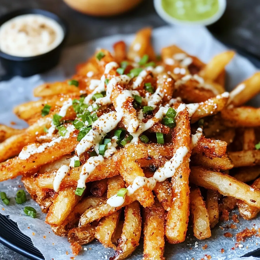 A plate of french fries with cheese and green onions.