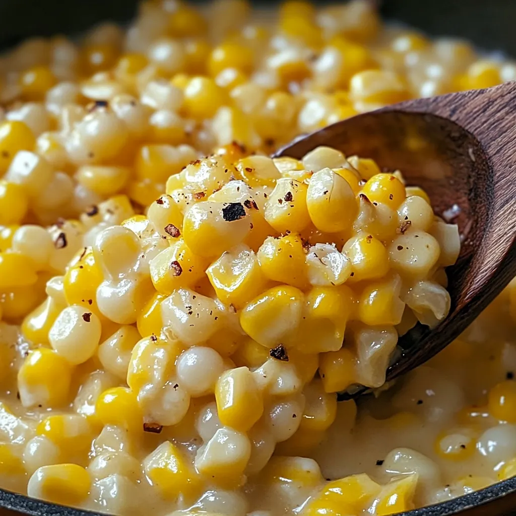 A wooden spoon is scooping corn from a pan.