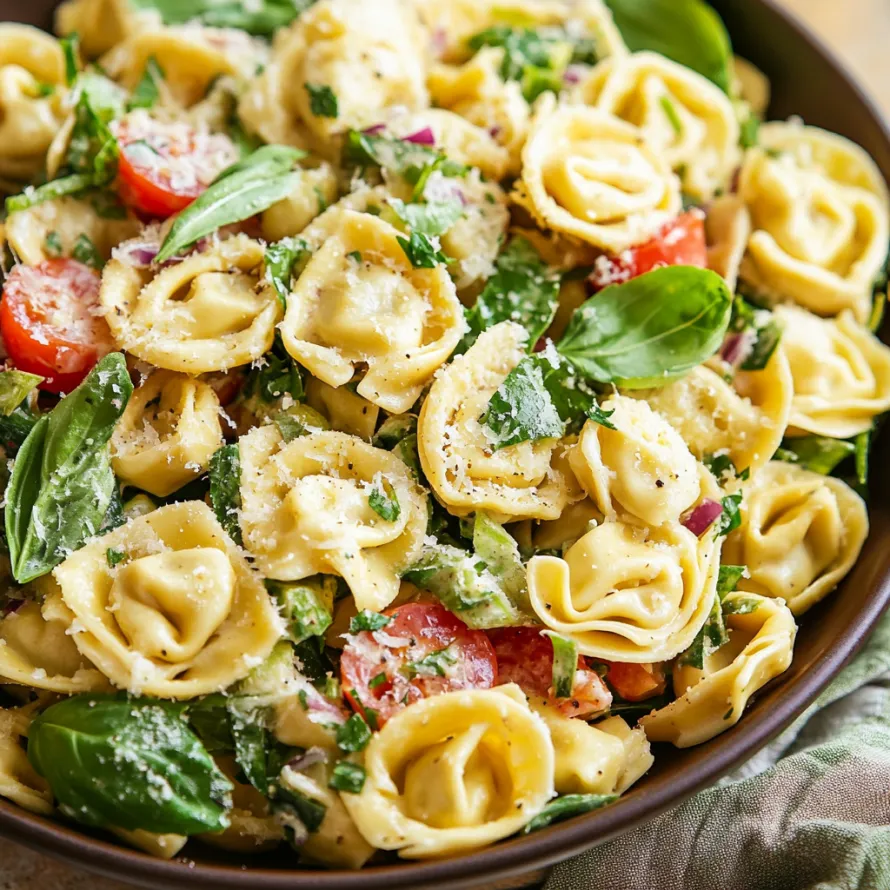 A bowl of pasta with tomatoes and spinach.