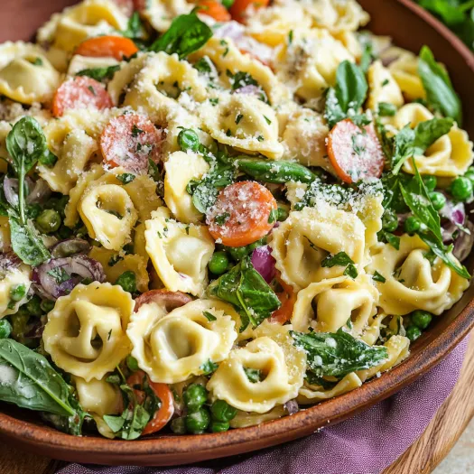 A bowl of pasta with vegetables and cheese.