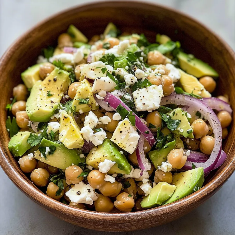 A bowl of food with chickpeas, avocado, onions, and feta cheese.
