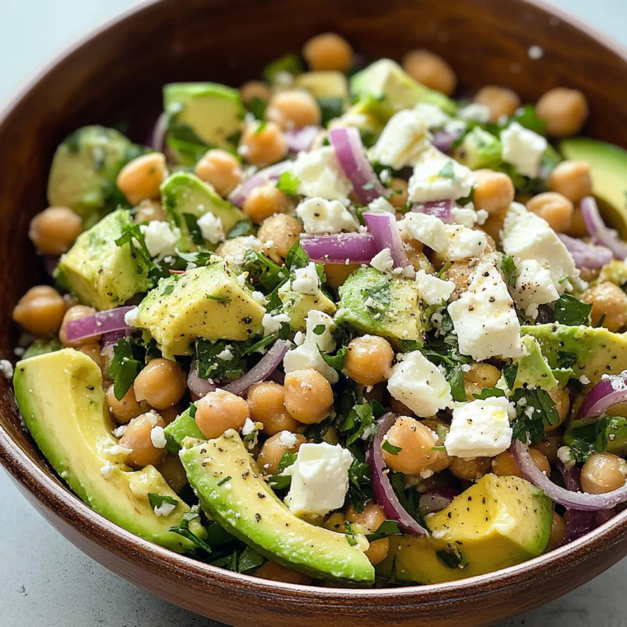 A bowl of food with chickpeas, avocado, onions, and feta cheese.