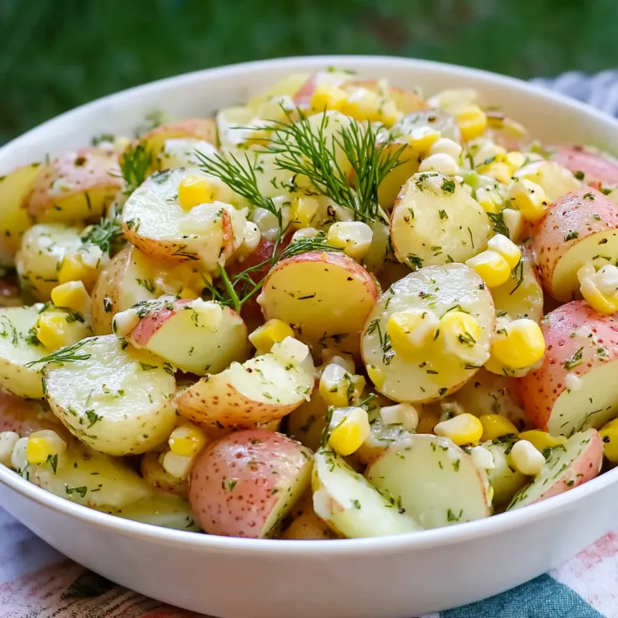 A bowl of food with corn and potatoes.
