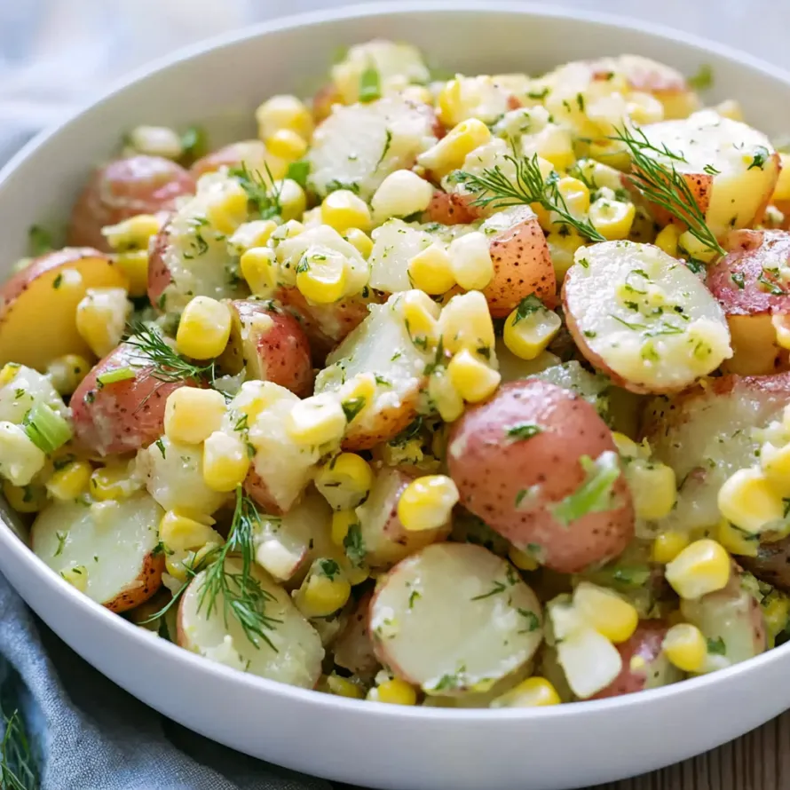 A bowl of food with corn and potatoes.