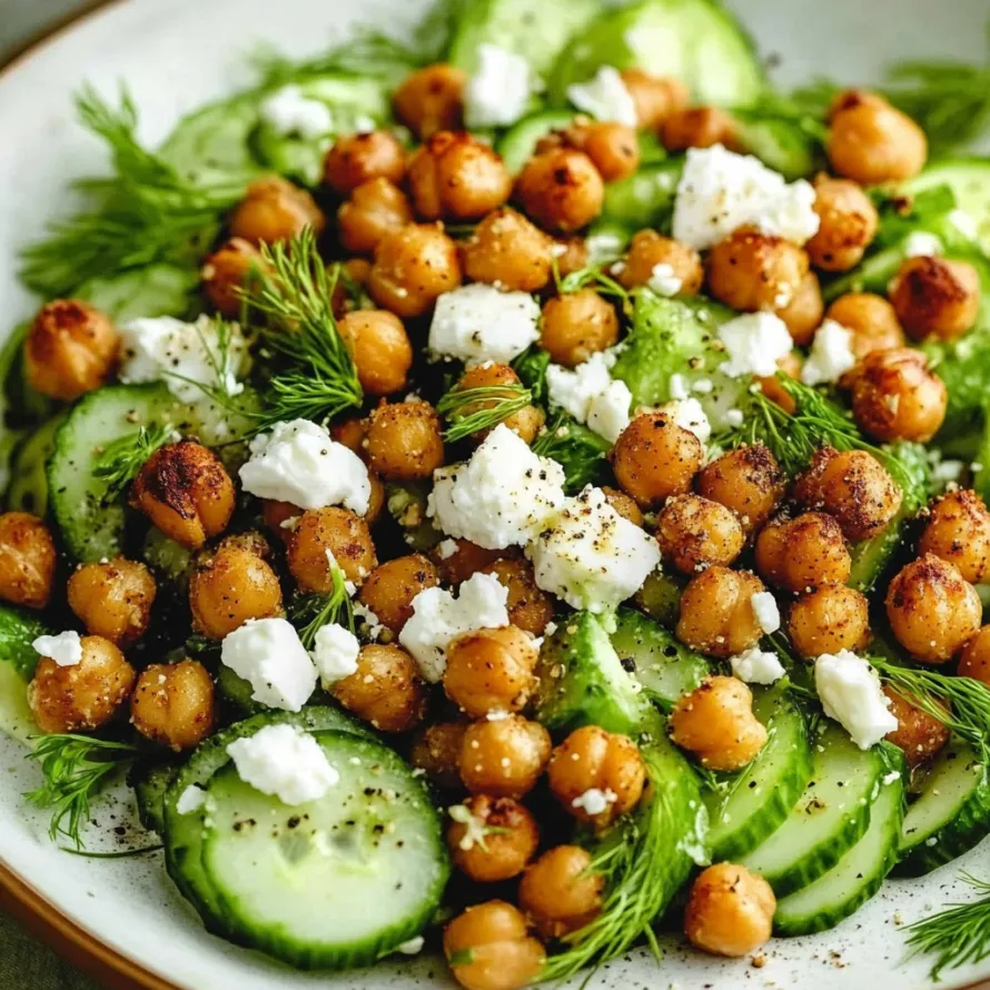 A plate of food with chickpeas, cucumbers, and feta cheese.
