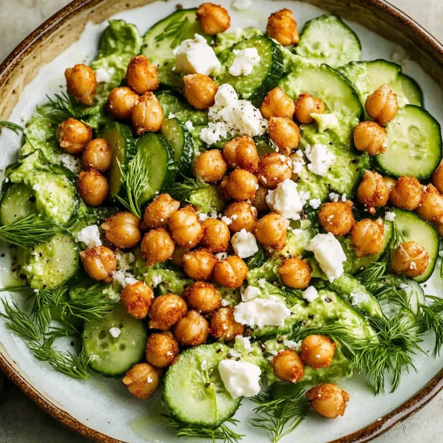 A bowl of food with chickpeas, cucumbers, and feta cheese.